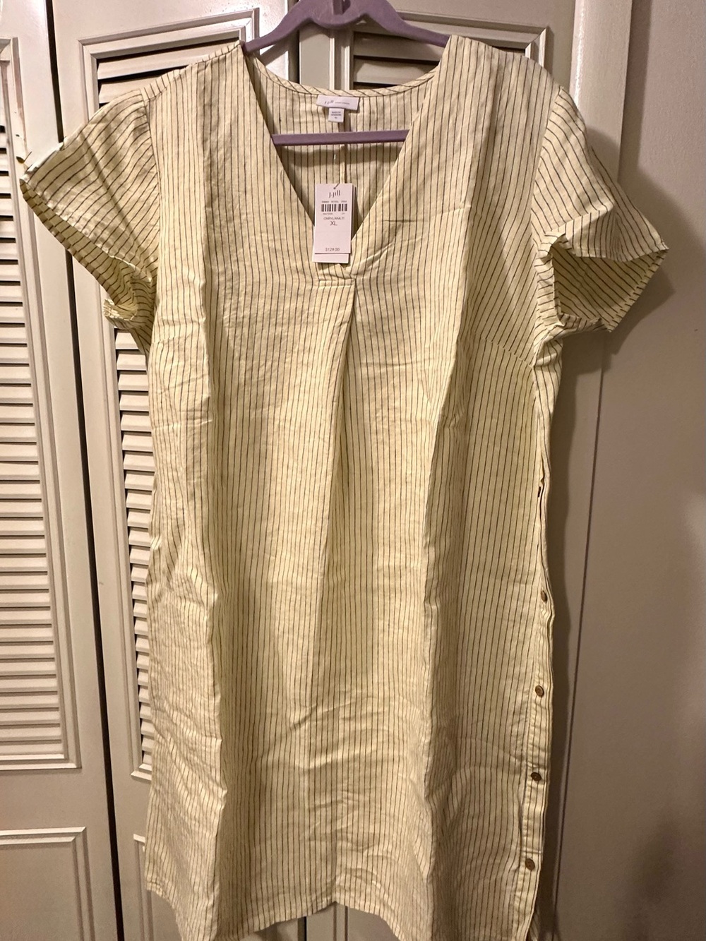 J. Jill Pale Yellow Pinstripe Short-Sleeve Button Side Dress